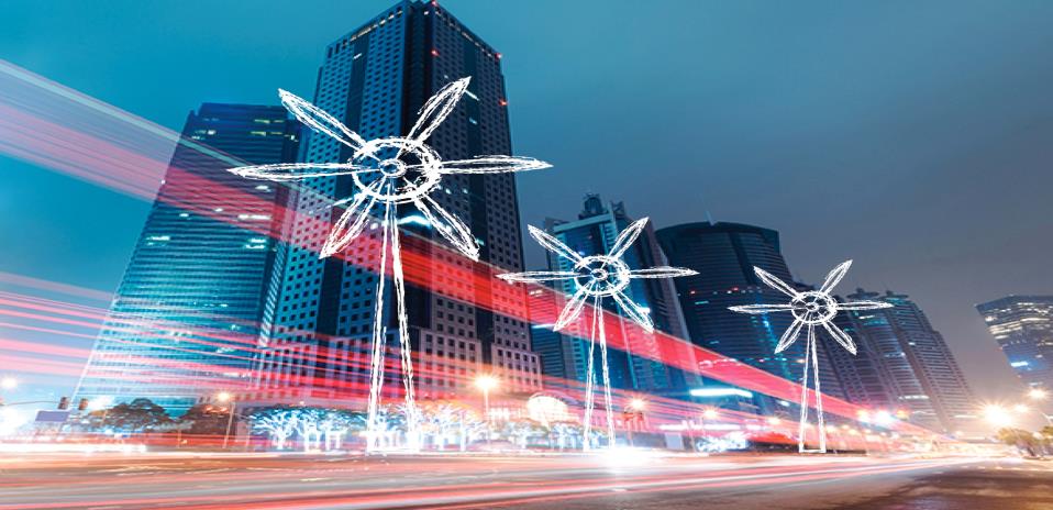 City skyline with sketched wind turbines representing energy solutions vision
