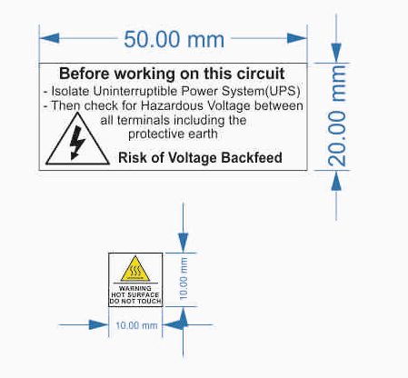 Hot surface marking and backfeed safety sticker for UPS heat sink