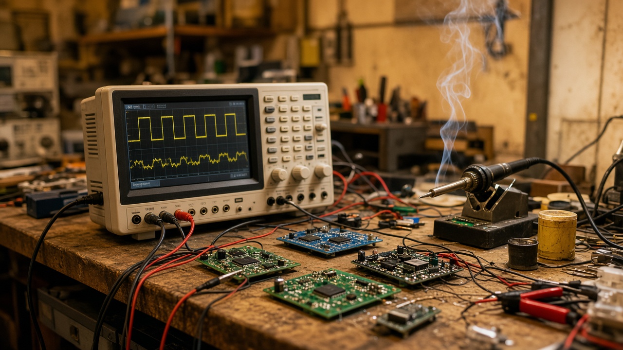 Crowded Indian MSME electronics R&D workbench with oscilloscope and soldering iron
