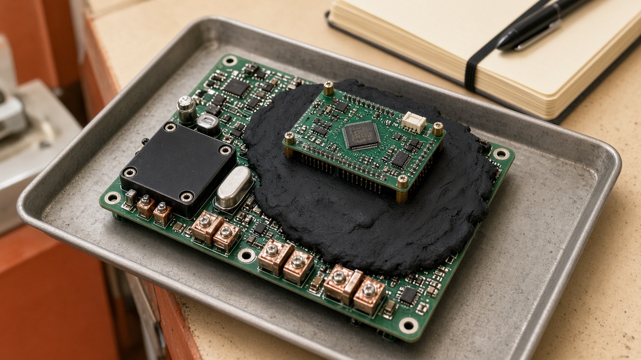 Split PCB boards with epoxy potting and a hardbound lab notebook for IP protection