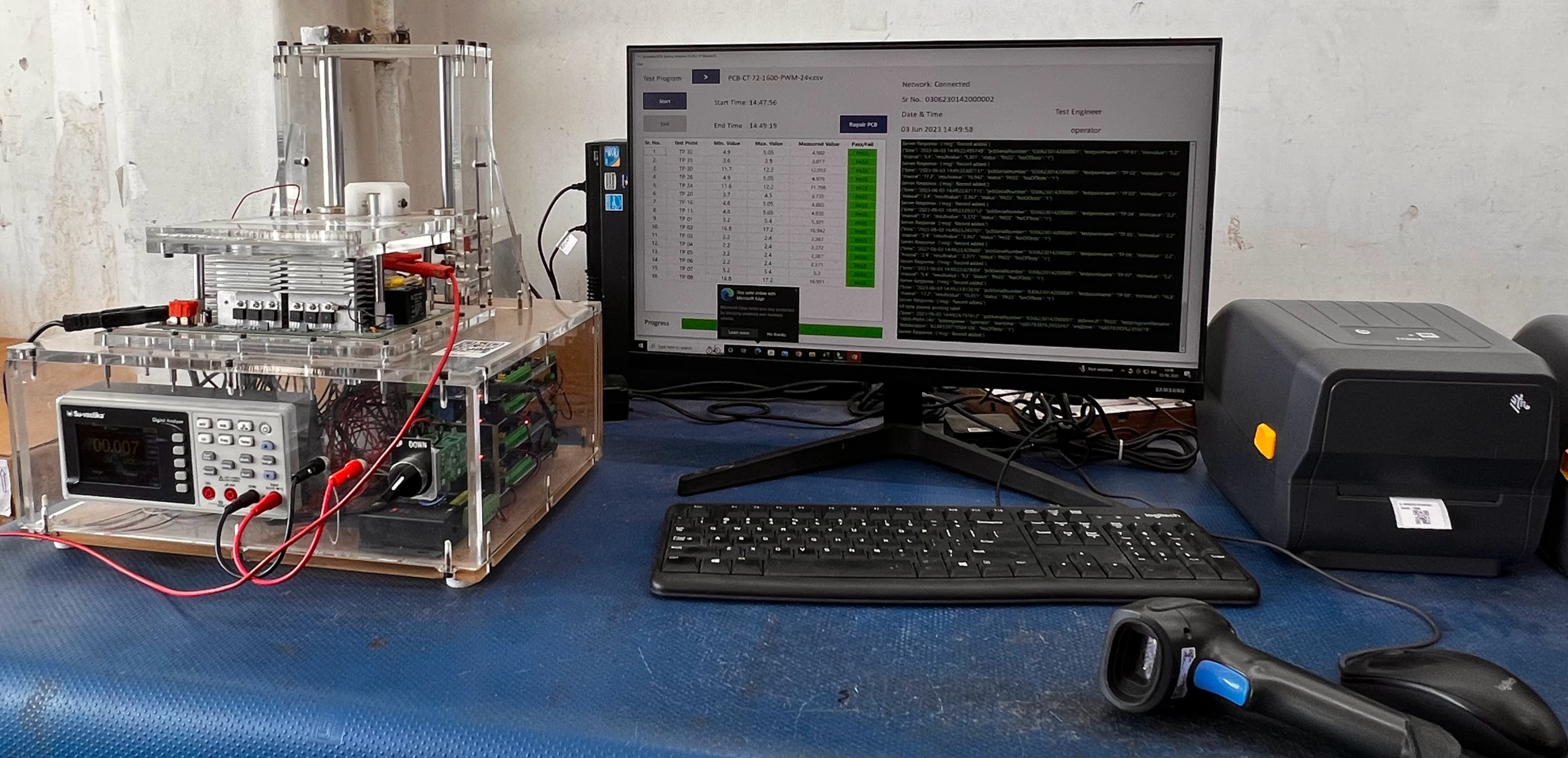Instrumented PCB test station with pass-fail logging used as an R&D quality gate