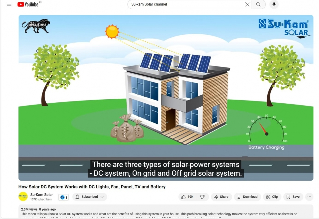 Su-Kam Solar YouTube channel — educational solar video with millions of views