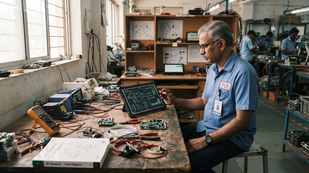 Indian electronics engineer reviewing circuit diagnostics on a rugged tablet at a factory workbench